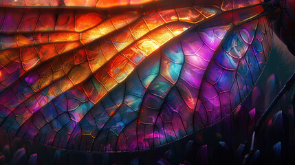Multi-colored glowing psychedelic dragonfly wing close-up, macro image - obrazy, fototapety, plakaty