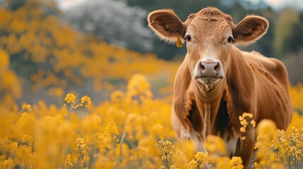 A brown cow standing amidst a field of yellow rapeseed flowers. Generative AI.