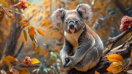 Obraz premium a koala sitting on top of a tree branch next to a bunch of leaves and a tree with yellow and red leaves.