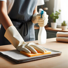 Closeup image of woman cleaning table with rag and spray bottle. Housework and housekeeping concept Generative AI - obrazy, fototapety, plakaty