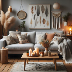 Cozy living room interior with grey sofa, candles and plants. 3d render Generative AI