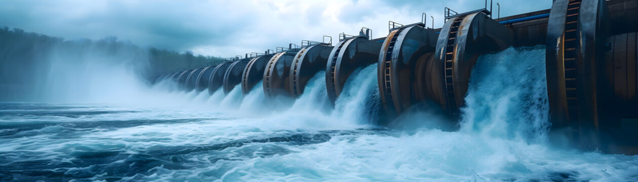 A controlled release of freshwater surges from a dam into the salty ocean below. This process helps manage water levels and ecosystems
