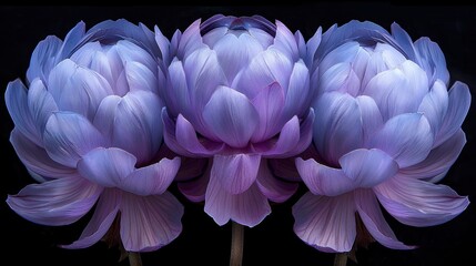a group of purple flowers sitting next to each other on top of a black background in front of a black background.