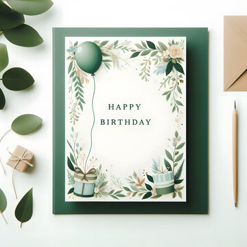 Happy birthday greeting card design with green frame, gift box, envelope, flowers and leaves Generative AI