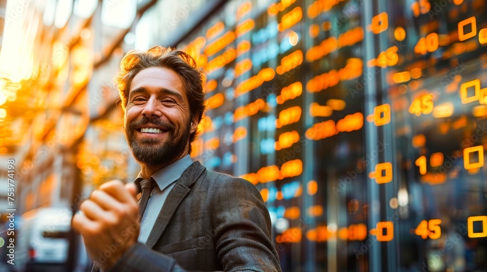 Aufkleber A smiling financial advisor standing in front of a modern office building overlayed with translucent graphs and numbers. Generative AI.