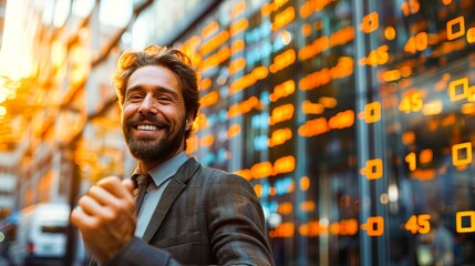 A smiling financial advisor standing in front of a modern office building overlayed with translucent graphs and numbers. Generative AI.