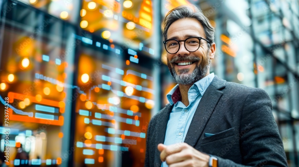 Aufkleber A smiling financial advisor standing in front of a modern office building overlayed with translucent graphs and numbers. Generative AI.