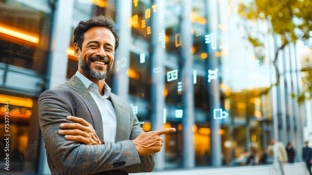 Poster A smiling financial advisor standing in front of a modern office building overlayed with translucent graphs and numbers. Generative AI.