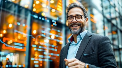 A smiling financial advisor standing in front of a modern office building overlayed with translucent graphs and numbers. Generative AI.