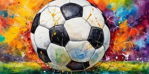 Soccer ball on the background of the colorful splashes of paint.