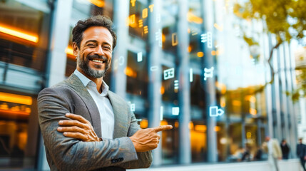 A smiling financial advisor standing in front of a modern office building overlayed with translucent graphs and numbers. Generative AI.