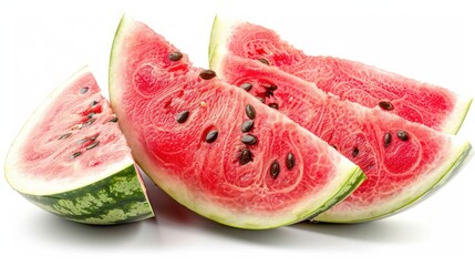 a group of slices of watermelon sitting next to each other on top of a white table with a white background.