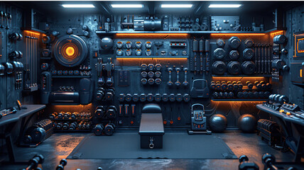 Fototapeta premium Futuristic gym interior with advanced equipment and neon lighting, showcasing a modern workout environment.