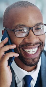 Smile, phone call and laughing with business black man in office for networking or planning, Contact, corporate and connection with funny employee talking on mobile for negotiation in workplace