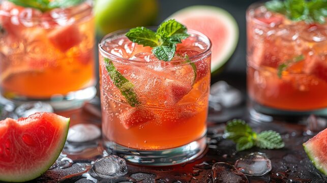 a close up of a glass of watermelon mojito next to a slice of watermelon.