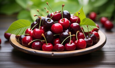 A close-up of ripe cherries in a rustic wooden bowl, with vibrant green leaves accentuating their freshness.