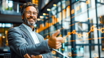 A smiling financial advisor standing in front of a modern office building overlayed with translucent graphs and numbers. Generative AI.