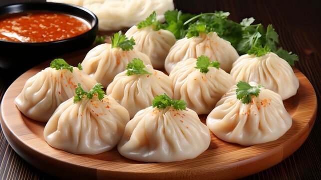 A table with dumplings on a wooden table. Food illustration