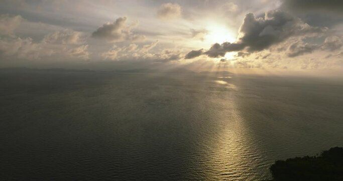 Aerial drone of sunset over the sea in the tropics. Seascape. Weh Island. Indonesia.