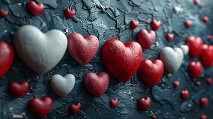 3D red white and black hearts on dark background