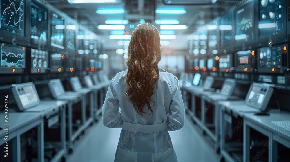 Aufkleber Researcher woman doing automation testing in lab, Industry and Machines. Generative AI.