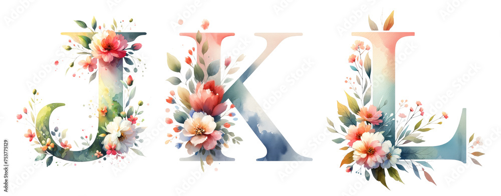 Wall mural spring floral alphabet j k l. watercolor spring floral letters decor.