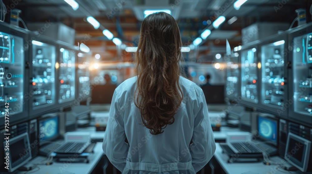Poster researcher woman doing automation testing in lab, industry and machines. generative ai.