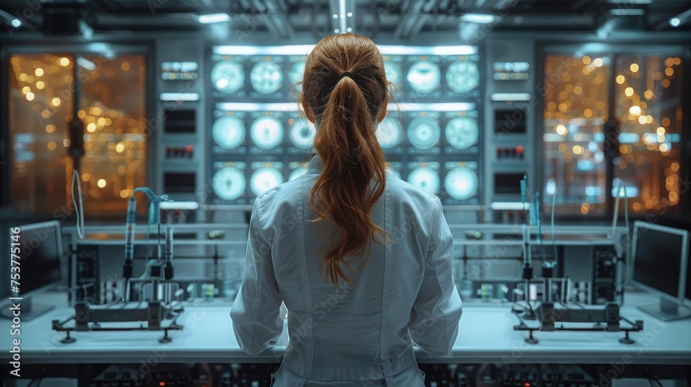 Poster researcher woman doing automation testing in lab, industry and machines. generative ai.