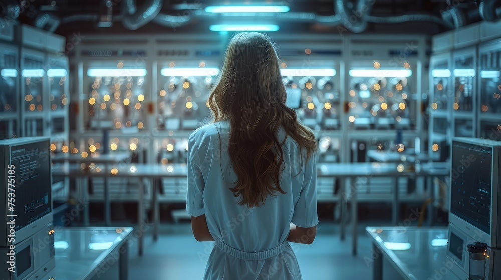 Aufkleber researcher woman doing automation testing in lab, industry and machines. generative ai.