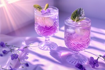 elegant pastel purple glass glasses with refreshing cocktails decorated with flowers pastel background