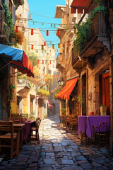 Fototapeta na wymiar Illustration of the typical ancient street alley and building in Italy where residents live their daily lives.