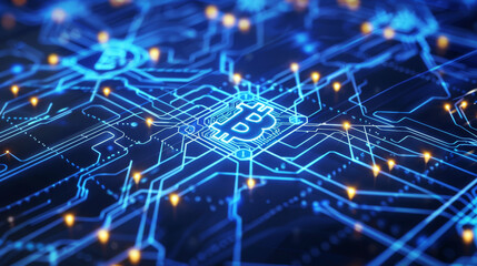 Fototapeta premium Close-up of neon blue cryptographic codes and blockchain data, a backdrop for the secure and anonymous nature of cryptocurrency