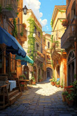 Illustration of the typical ancient street alley and building in Italy where residents live their daily lives.