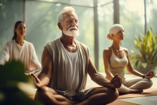 Group of elderly men and women sit in the lotus position meditating in a yoga studio. Mental and spiritual health development at any age	

