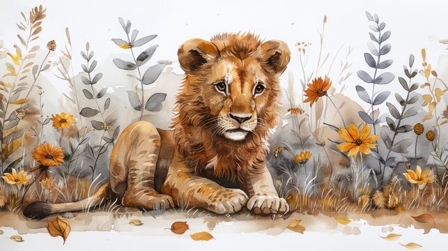 a painting of a lion laying on the ground in a field of wildflowers with a white wall in the background.