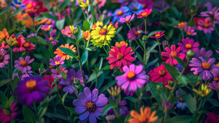 field of multicolored flowers, the flowers are in full bloom, surrounded by lush green leaves and stems