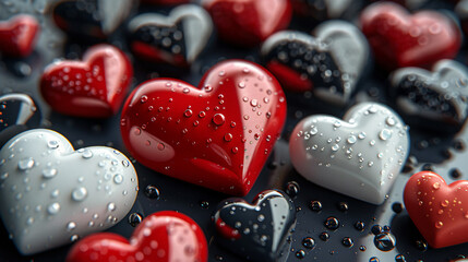 3D red white and black hearts on dark background
