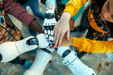Team hand huddle featuring four individuals from diverse nationalities alongside robots, symbolizing unity and collaboration in a multicultural team