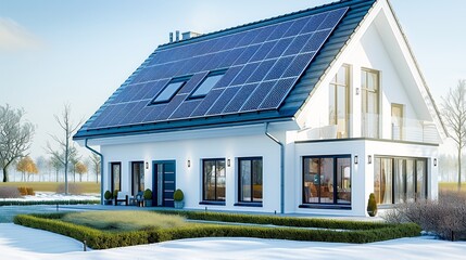 Obraz premium White house with solar panels on roof. Generative AI.