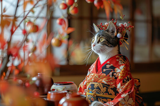 The artistic elegance of a cat dressed as a geisha, and tranquil beauty of a Japanese landscape