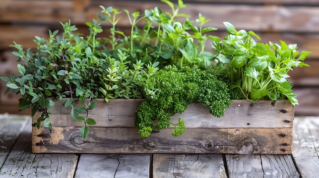 a rustic wooden crate filled with a variety of fresh herbs like basil, parsley, and cilantro