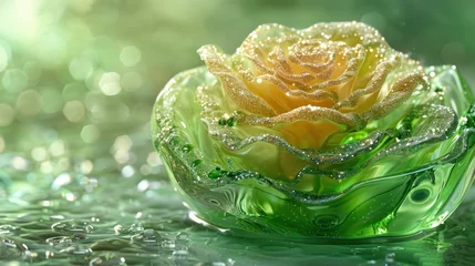 Foto op Plexiglas a close up of a yellow rose in a glass vase with water droplets on the surface and a green background. © Shanti