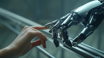 The human finger delicately touches the finger of a robot's metallic finger