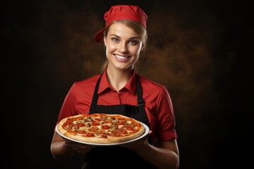 young waitress with an apron presenting a delicious pizza on a plate