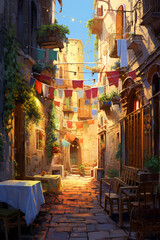 Illustration of the typical ancient street alley and building in Italy where residents live their daily lives.
