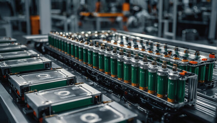 Explore the intricate details of an electric vehicle battery cell assembly line in a close-up perspective, highlighting the efficiency of mass production. - obrazy, fototapety, plakaty