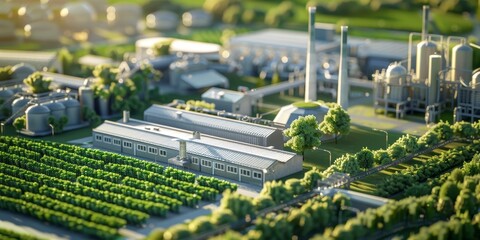A city with a large factory and a lot of green trees - obrazy, fototapety, plakaty