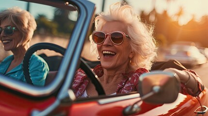 Happy excited disco style senior women driving cabriolet car,