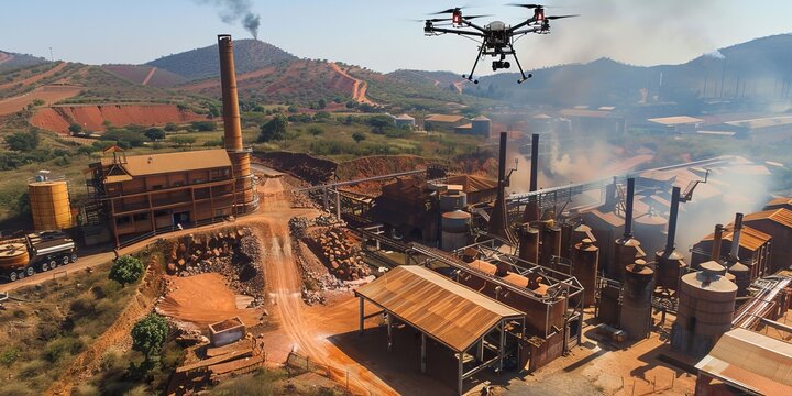 A drone flies over a factory with smoke coming out of it