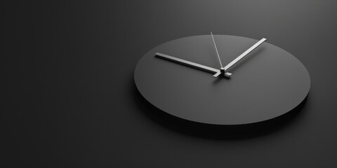 A black clock with a silver face sits on a black background